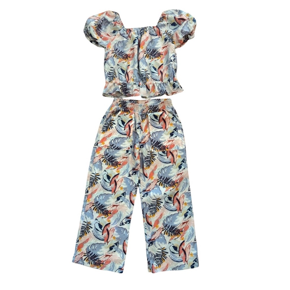 Vince Camuto Girls Tropical 2 Piece Set Short Sleeve Top and Wide Leg Pants SZ 7